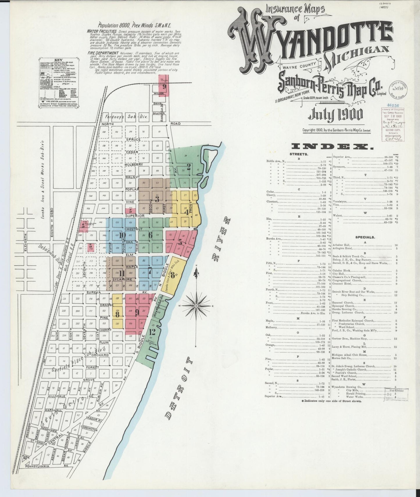 Sanborn Fire Insurance Map from Wyandotte, Wayne County, Michigan (1900), Sheet #0001 - Historic Sanborn Fire Insurance Map Print, vintage old map wall art, antique decor, genealogy gift, Michigan Michigan map
