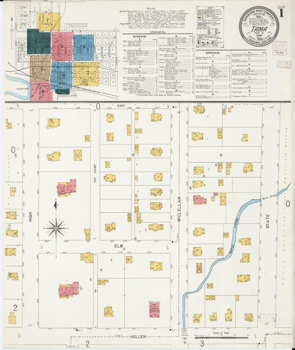 Sanborn Fire Insurance Map from Tama, Tama County, Iowa (1906), Sheet #0001 - Historic Sanborn Fire Insurance Map Print, vintage old map wall art