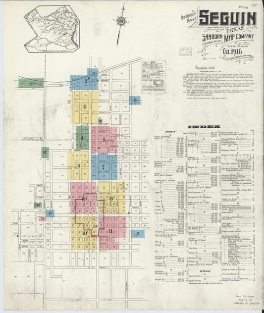 Sanborn Fire Insurance Map from Seguin, Guadalupe County, Texas (1916), Sheet #0001 - Historic Sanborn Fire Insurance Map Print, vintage old map wall art, antique decor, genealogy gift, Texas Texas map