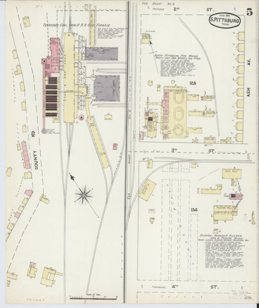 Sanborn Fire Insurance Map from South Pittsburg, Marion County, Tennessee (1891), Sheet #0005 - Historic Sanborn Fire Insurance Map Print, vintage old map wall art, antique decor, genealogy gift, Tennessee Tennessee map