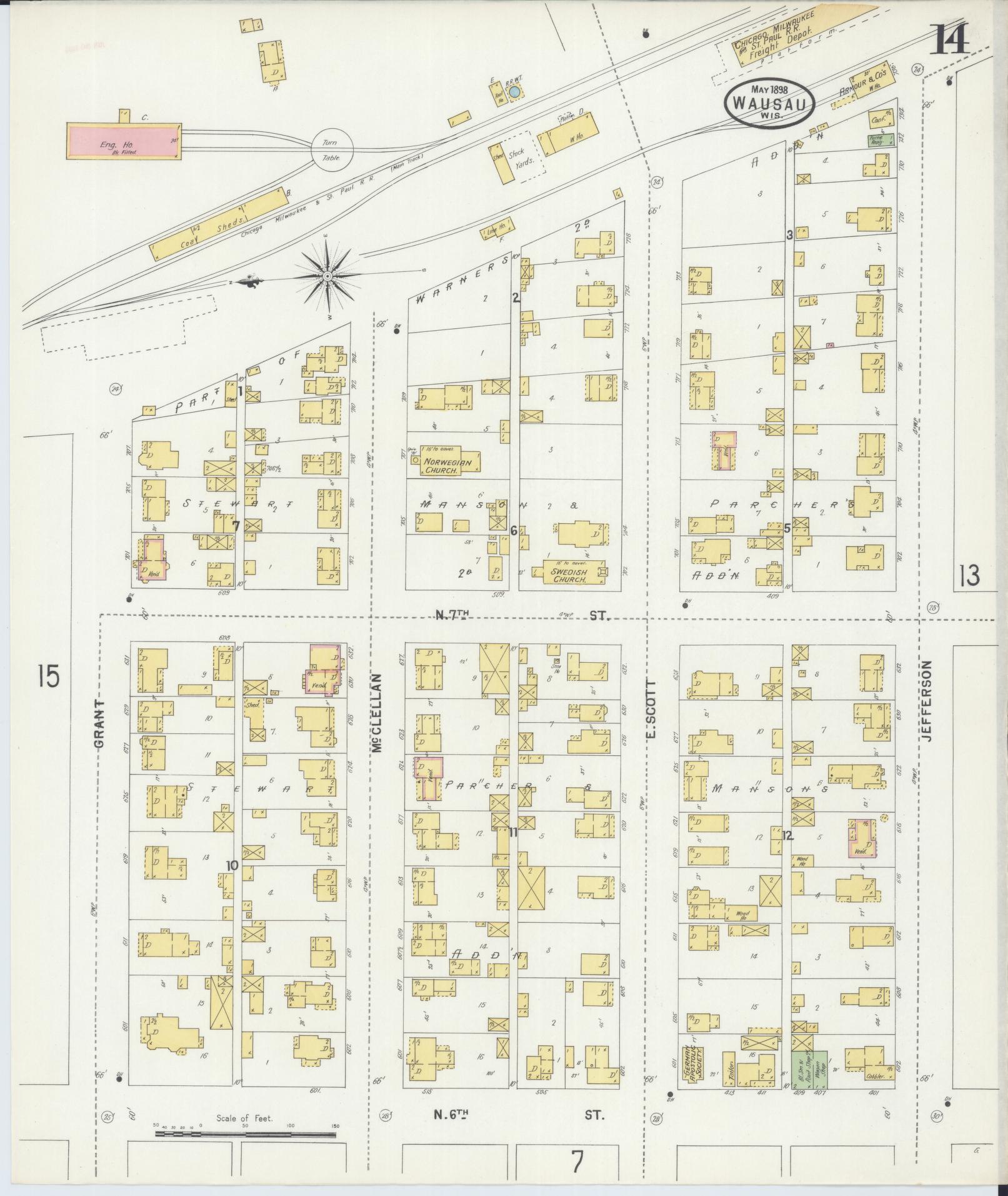 Sanborn Fire Insurance Map from Wausau, Marathon County, Wisconsin (1898), Sheet #0014 - Complete Map Set gallery image, historic Sanborn map, vintage wall art, Wisconsin Wisconsin