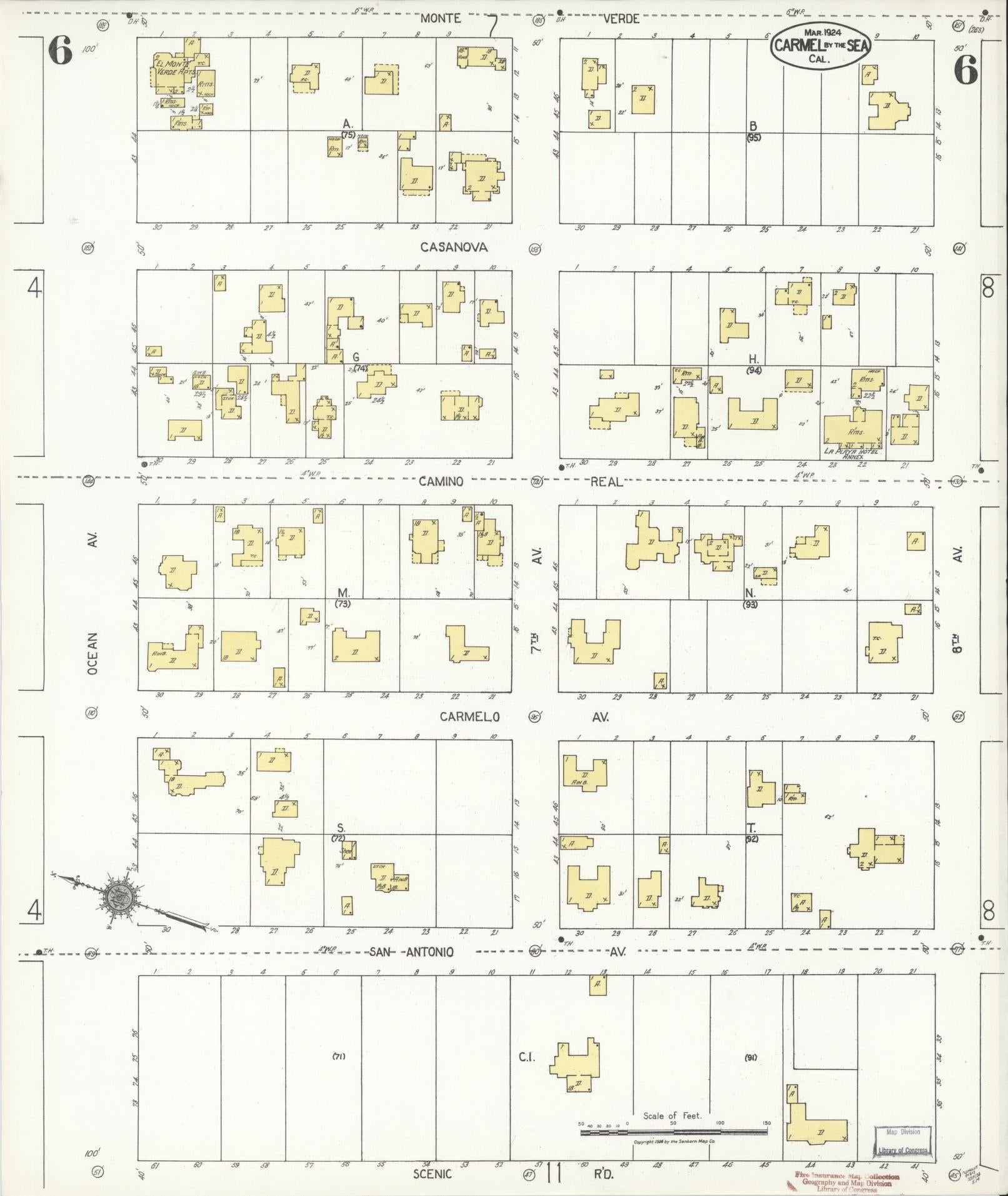 Sanborn Fire Insurance Map from Carmel By The Sea, Monterey County, California (1924), Sheet #0006 - Historic Sanborn Fire Insurance Map Print, vintage old map wall art, antique decor, genealogy gift, California California map