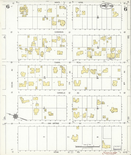 Sanborn Fire Insurance Map from Carmel By The Sea, Monterey County, California (1924), Sheet #0006 - Historic Sanborn Fire Insurance Map Print, vintage old map wall art, antique decor, genealogy gift, California California map