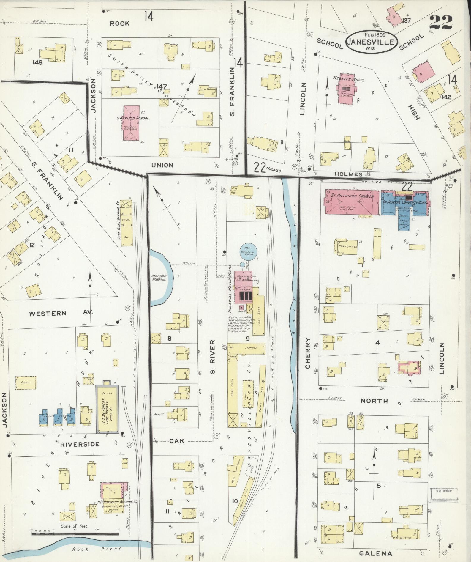 Sanborn Fire Insurance Map from Janesville, Rock County, Wisconsin (1909), Sheet #0022 - Historic Sanborn Fire Insurance Map Print, vintage old map wall art, antique decor, genealogy gift, Wisconsin Wisconsin map