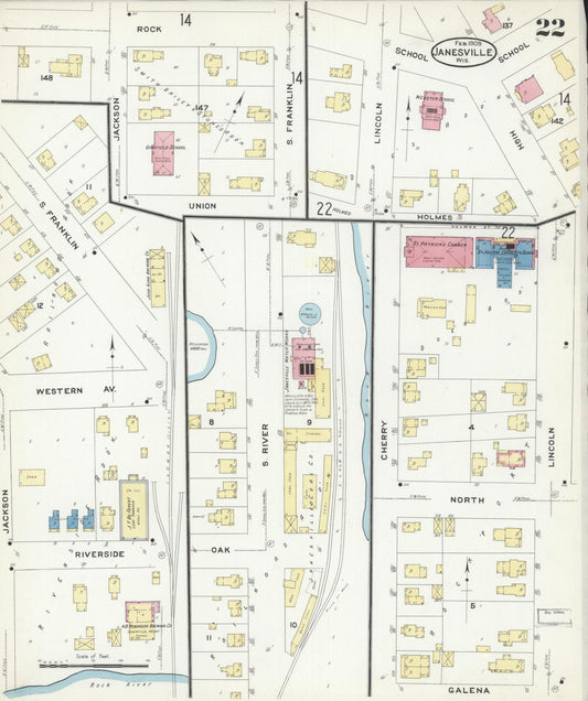 Sanborn Fire Insurance Map from Janesville, Rock County, Wisconsin (1909), Sheet #0022 - Historic Sanborn Fire Insurance Map Print, vintage old map wall art, antique decor, genealogy gift, Wisconsin Wisconsin map