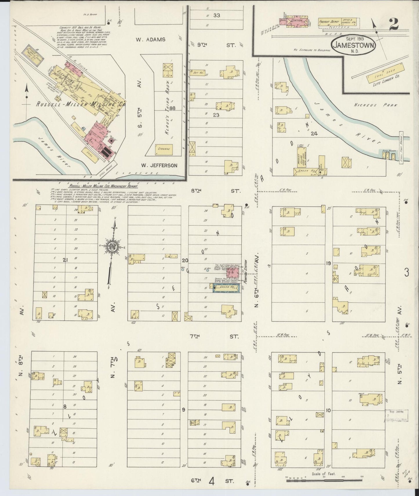 Sanborn Fire Insurance Map from Jamestown, Stutsman County, North Dakota (1913), Sheet #0002 - Historic Sanborn Fire Insurance Map Print, vintage old map wall art, antique decor, genealogy gift, North Dakota North Dakota map
