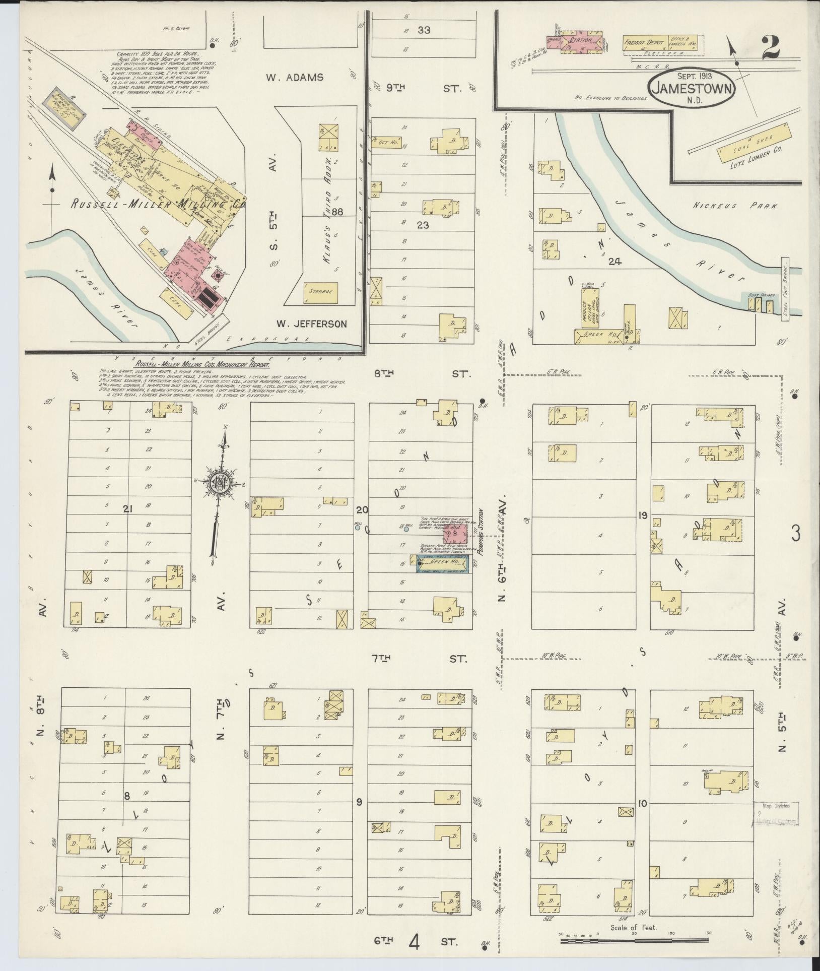 Sanborn Fire Insurance Map from Jamestown, Stutsman County, North Dakota (1913), Sheet #0002 - Historic Sanborn Fire Insurance Map Print, vintage old map wall art, antique decor, genealogy gift, North Dakota North Dakota map