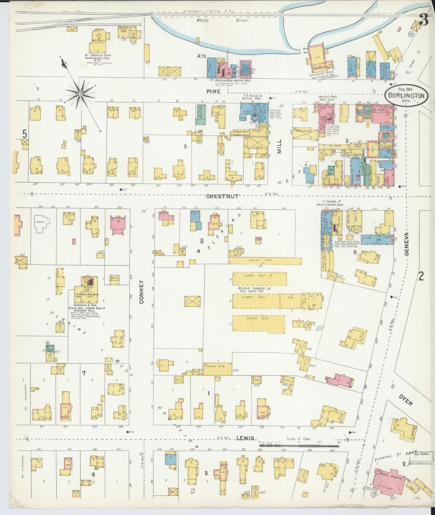 Sanborn Fire Insurance Map from Burlington, Racine County, Wisconsin (1904), Sheet #0003 - Historic Sanborn Fire Insurance Map Print, vintage old map wall art, antique decor, genealogy gift, Wisconsin Wisconsin map