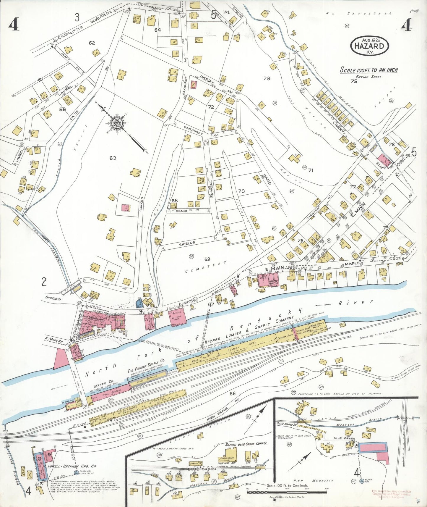 Sanborn Fire Insurance Map from Hazard, Perry County, Kentucky (1923), Sheet #0004 - Complete Map Set gallery image, historic Sanborn map, vintage wall art, Kentucky Kentucky