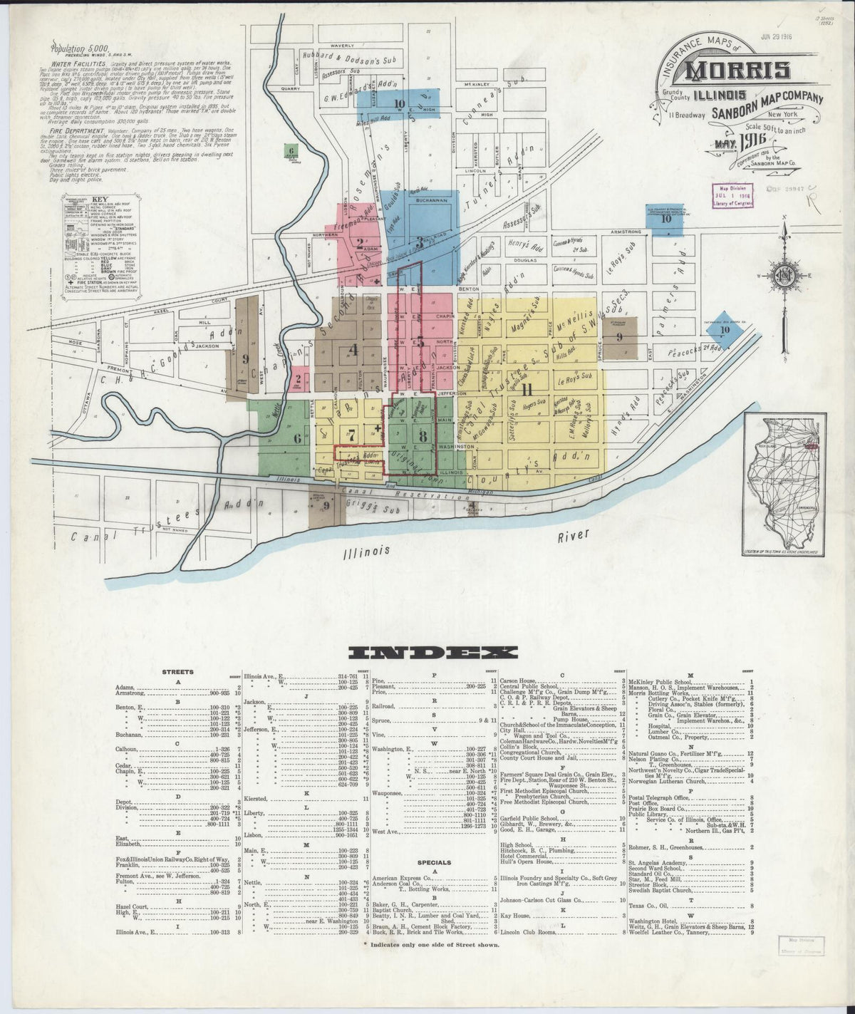 Sanborn Fire Insurance Map from Morris, Grundy County, Illinois (1916), Sheet #0001 - Historic Sanborn Fire Insurance Map Print, vintage old map wall art, antique decor, genealogy gift, Illinois Illinois map