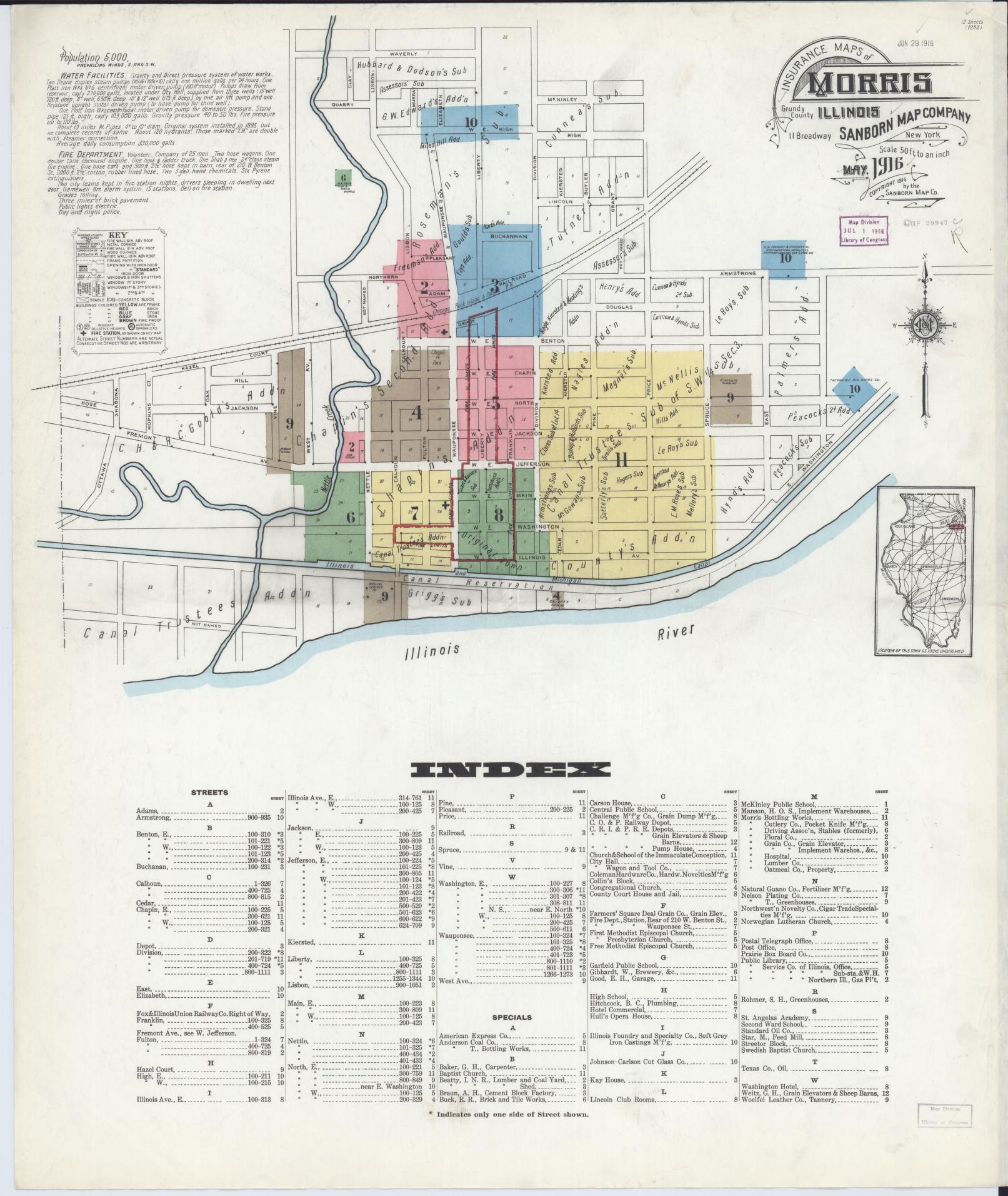 Sanborn Fire Insurance Map from Morris, Grundy County, Illinois (1916), Sheet #0001 - Historic Sanborn Fire Insurance Map Print, vintage old map wall art, antique decor, genealogy gift, Illinois Illinois map