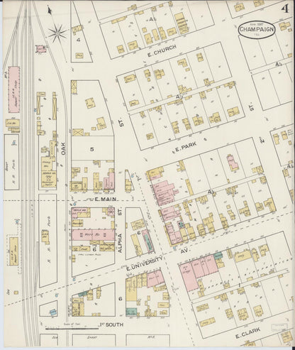 Sanborn Fire Insurance Map from Champaign, Champaign County, Illinois (1887), Sheet #0004 - Historic Sanborn Fire Insurance Map Print, vintage old map wall art, antique decor, genealogy gift, Illinois Illinois map