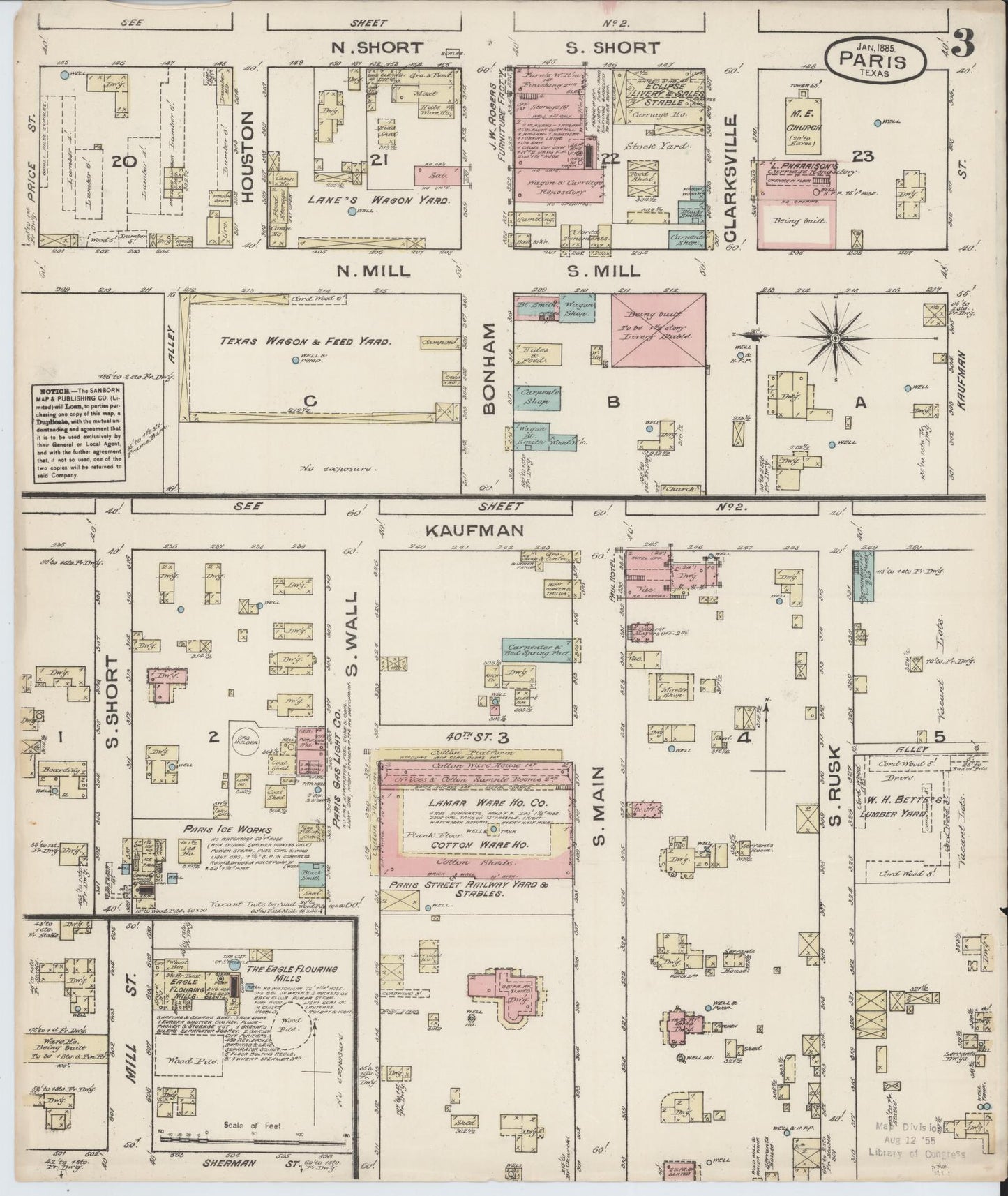 Sanborn Fire Insurance Map from Paris, Lamar County, Texas (1885), Sheet #0003 - Historic Sanborn Fire Insurance Map Print, vintage old map wall art, antique decor, genealogy gift, Texas Texas map