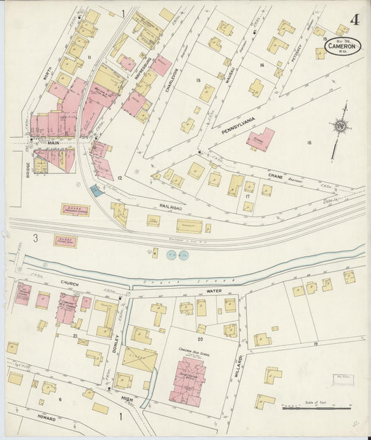 Sanborn Fire Insurance Map from Cameron, Marshall County, West Virginia (1912), Sheet #0004 - Historic Sanborn Fire Insurance Map Print, vintage old map wall art, antique decor, genealogy gift, West Virginia West Virginia map