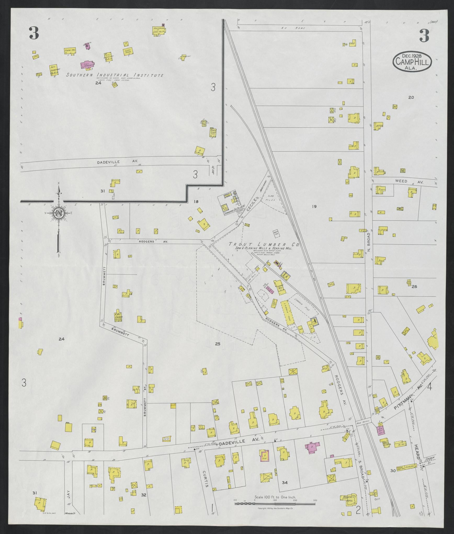 Sanborn Fire Insurance Map from Camp Hill, Tallapoosa County, Alabama (1928), Sheet #0003 - Complete Map Set gallery image, historic Sanborn map, vintage wall art, Alabama Alabama