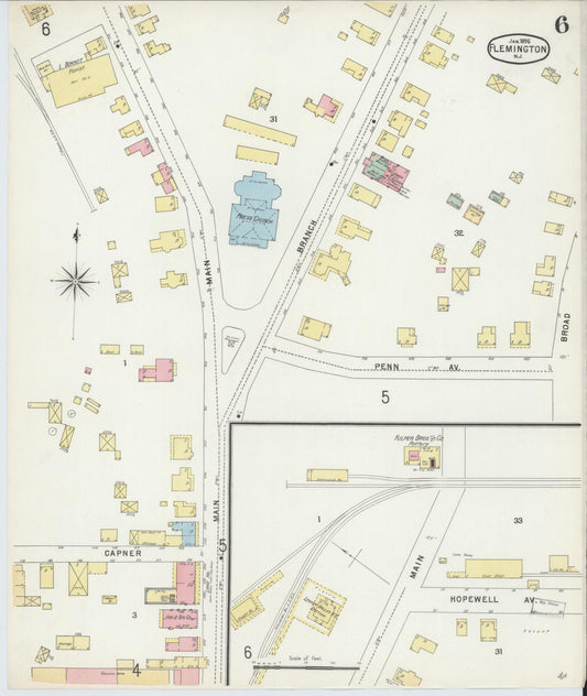 Sanborn Fire Insurance Map from Flemington, Hunterdon County, New Jersey (1896), Sheet #0006 - Historic Sanborn Fire Insurance Map Print, vintage old map wall art, antique decor, genealogy gift, New Jersey New Jersey map