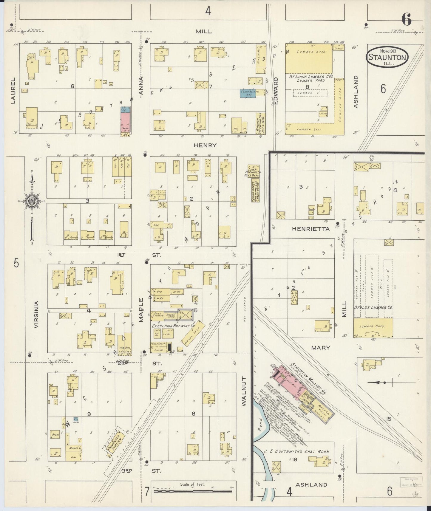 Sanborn Fire Insurance Map from Staunton, Macoupin County, Illinois (1913), Sheet #0006 - Historic Sanborn Fire Insurance Map Print, vintage old map wall art, antique decor, genealogy gift, Illinois Illinois map