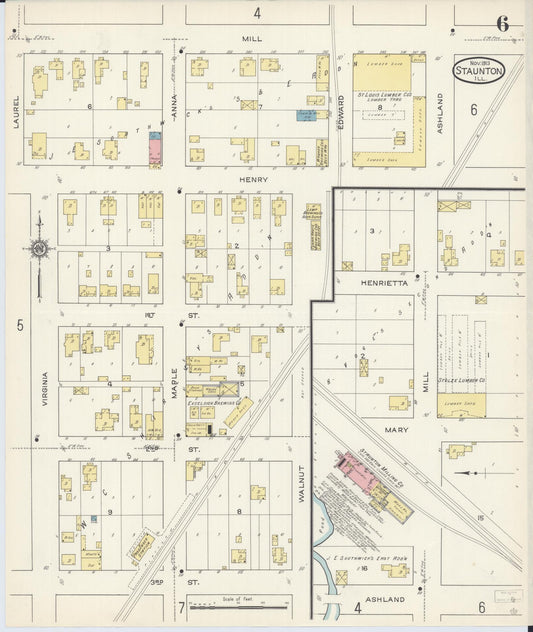 Sanborn Fire Insurance Map from Staunton, Macoupin County, Illinois (1913), Sheet #0006 - Historic Sanborn Fire Insurance Map Print, vintage old map wall art, antique decor, genealogy gift, Illinois Illinois map