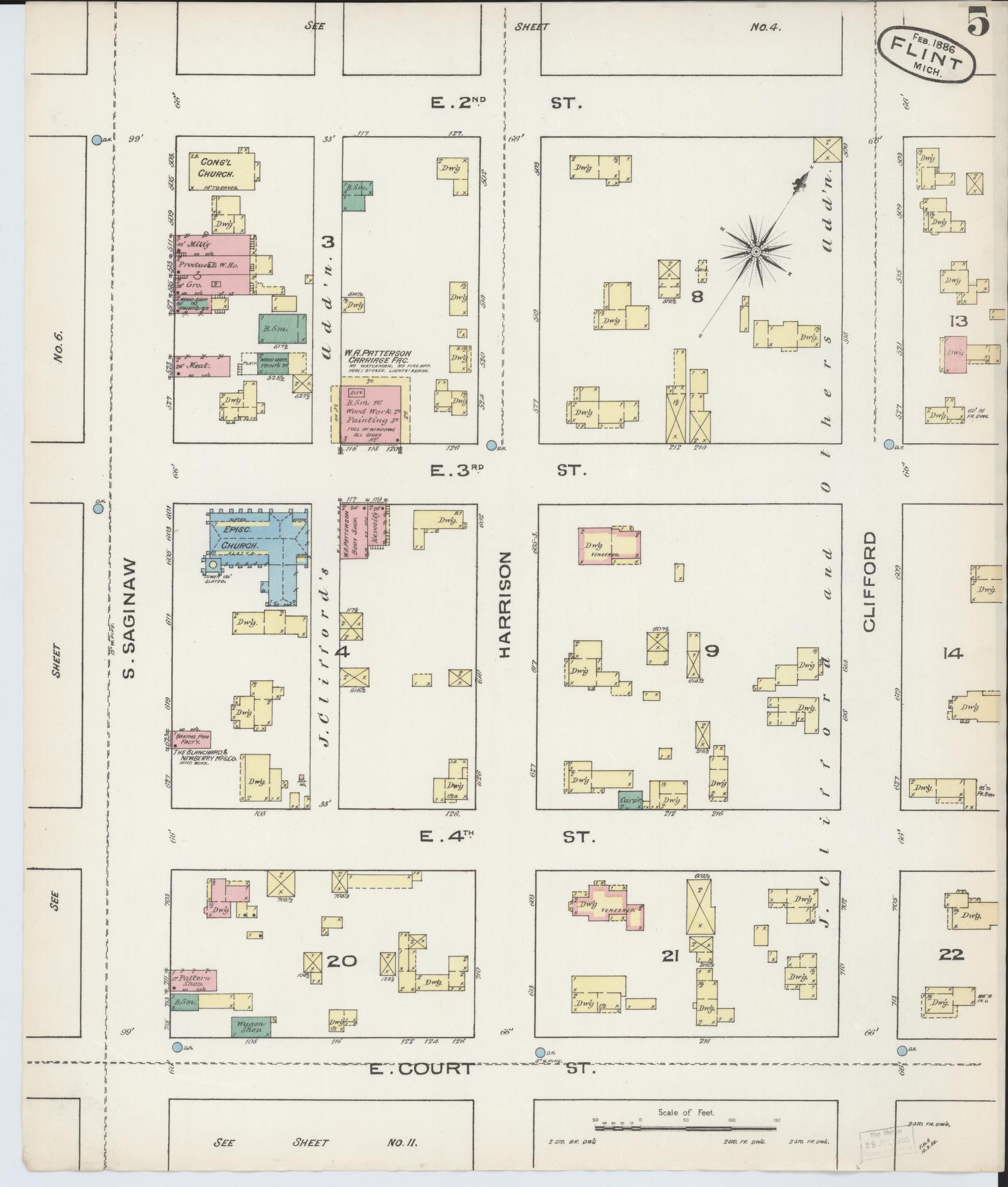 Sanborn Fire Insurance Map from Flint, Genesee County, Michigan (1886), Sheet #0005 - Complete Map Set gallery image, historic Sanborn map, vintage wall art, Michigan Michigan