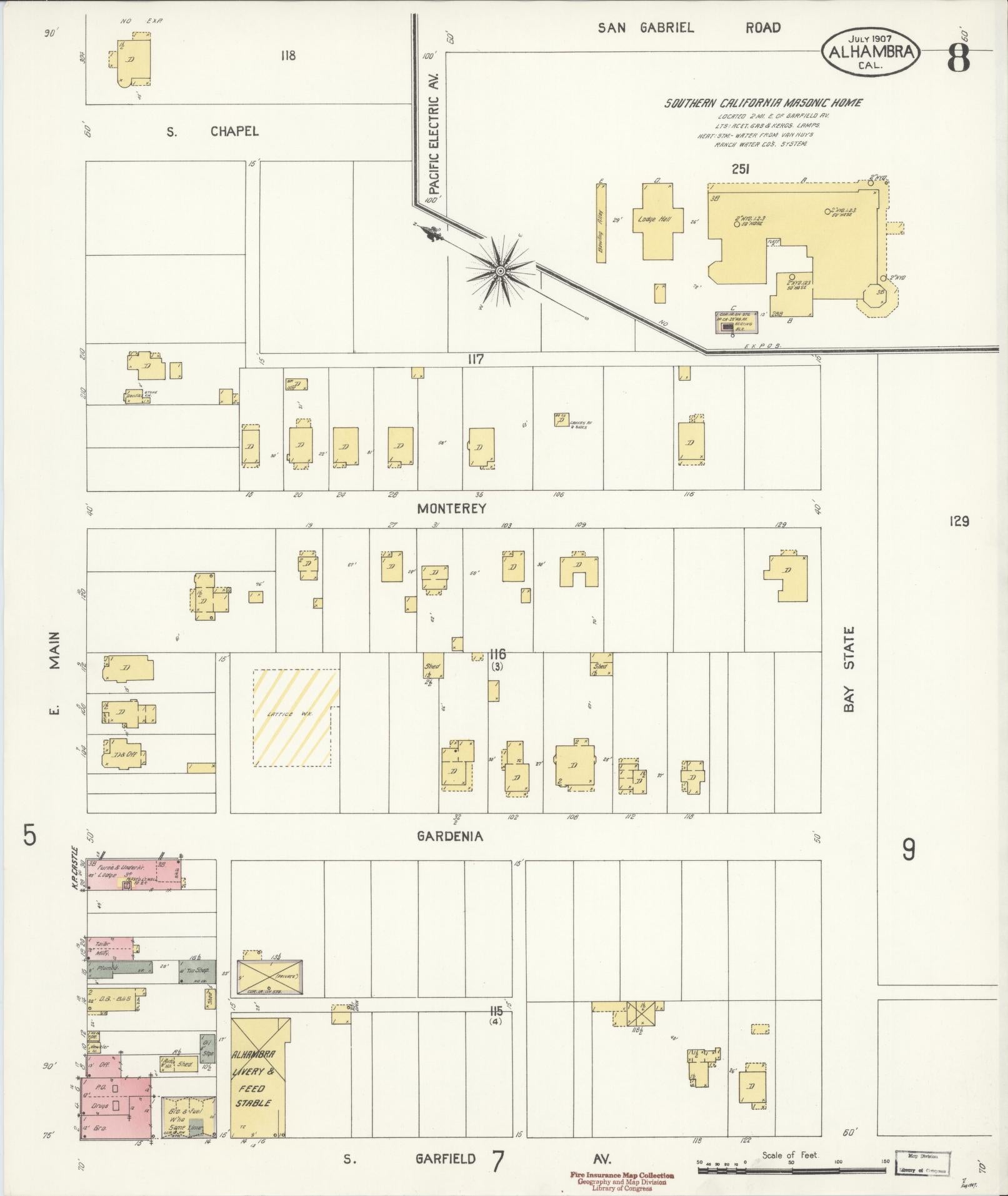 Sanborn Fire Insurance Map from Alhambra, Los Angeles County, California (1907), Sheet #0008 - Historic Sanborn Fire Insurance Map Print, vintage old map wall art, antique decor, genealogy gift, California California map