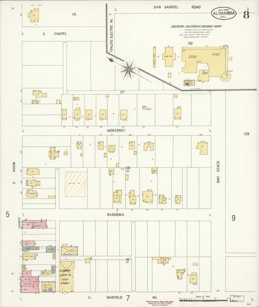 Sanborn Fire Insurance Map from Alhambra, Los Angeles County, California (1907), Sheet #0008 - Historic Sanborn Fire Insurance Map Print, vintage old map wall art, antique decor, genealogy gift, California California map