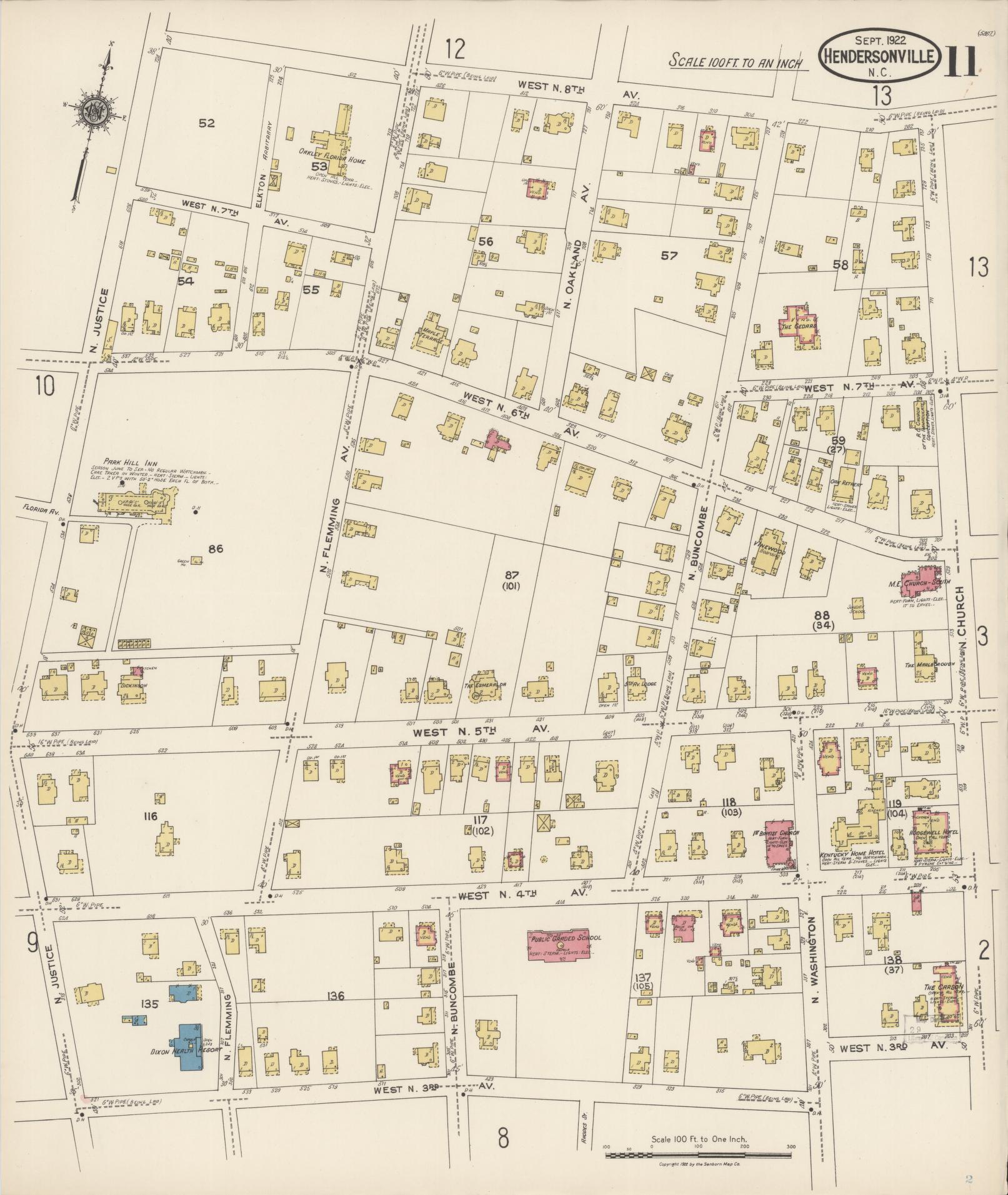 Sanborn Fire Insurance Map from Hendersonville, Henderson County, North Carolina (1922), Sheet #0011 - Historic Sanborn Fire Insurance Map Print, vintage old map wall art, antique decor, genealogy gift, North Carolina North Carolina map