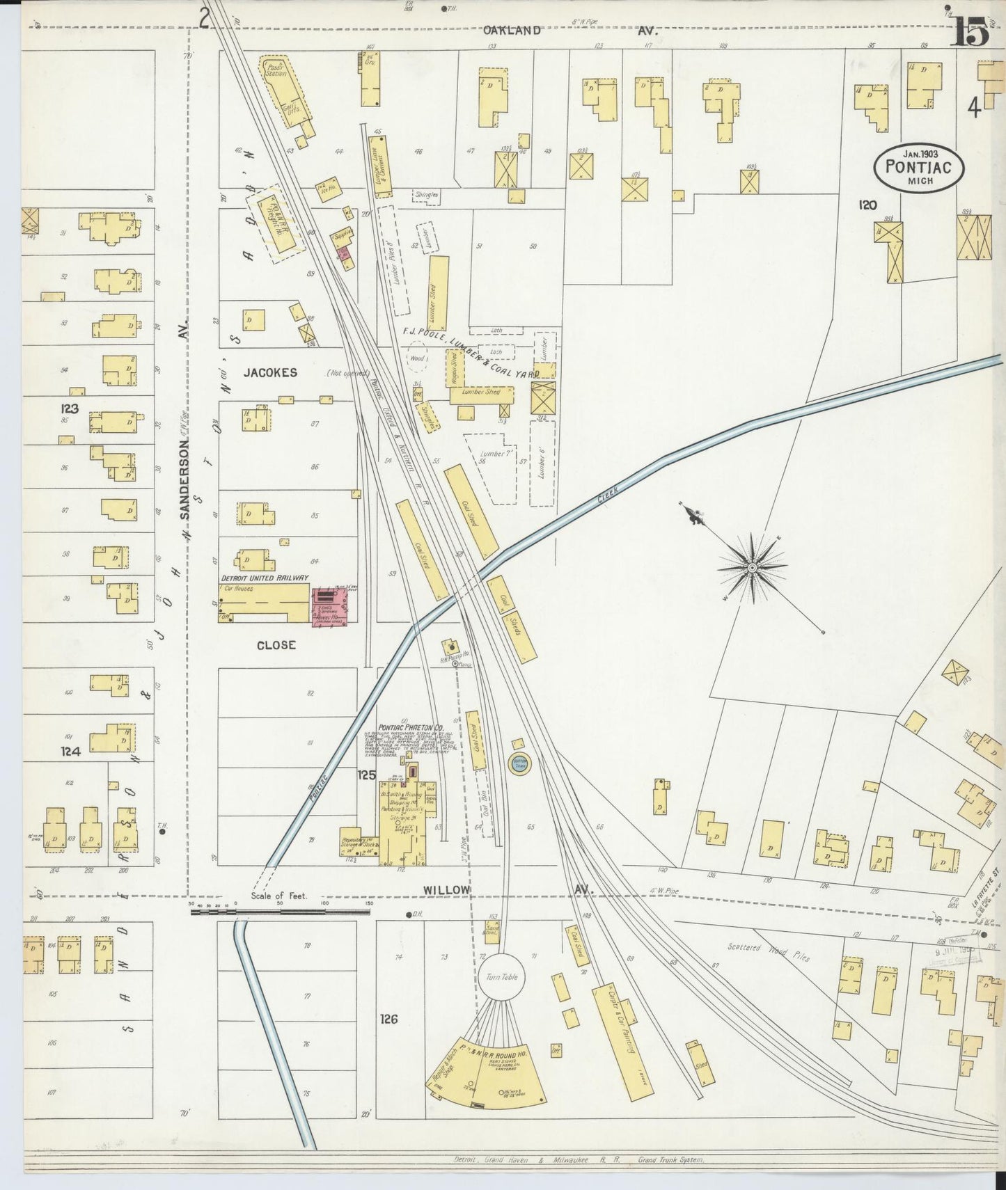 Sanborn Fire Insurance Map from Pontiac, Oakland County, Michigan (1903), Sheet #0015 - Historic Sanborn Fire Insurance Map Print, vintage old map wall art, antique decor, genealogy gift, Michigan Michigan map