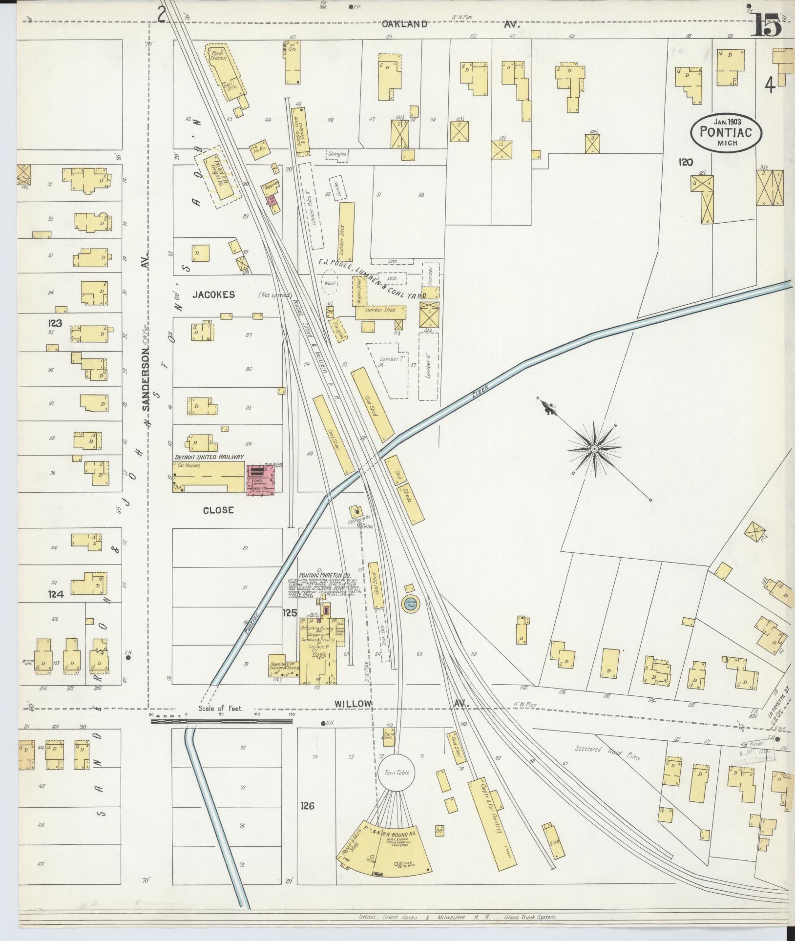 Sanborn Fire Insurance Map from Pontiac, Oakland County, Michigan (1903), Sheet #0015 - Historic Sanborn Fire Insurance Map Print, vintage old map wall art, antique decor, genealogy gift, Michigan Michigan map