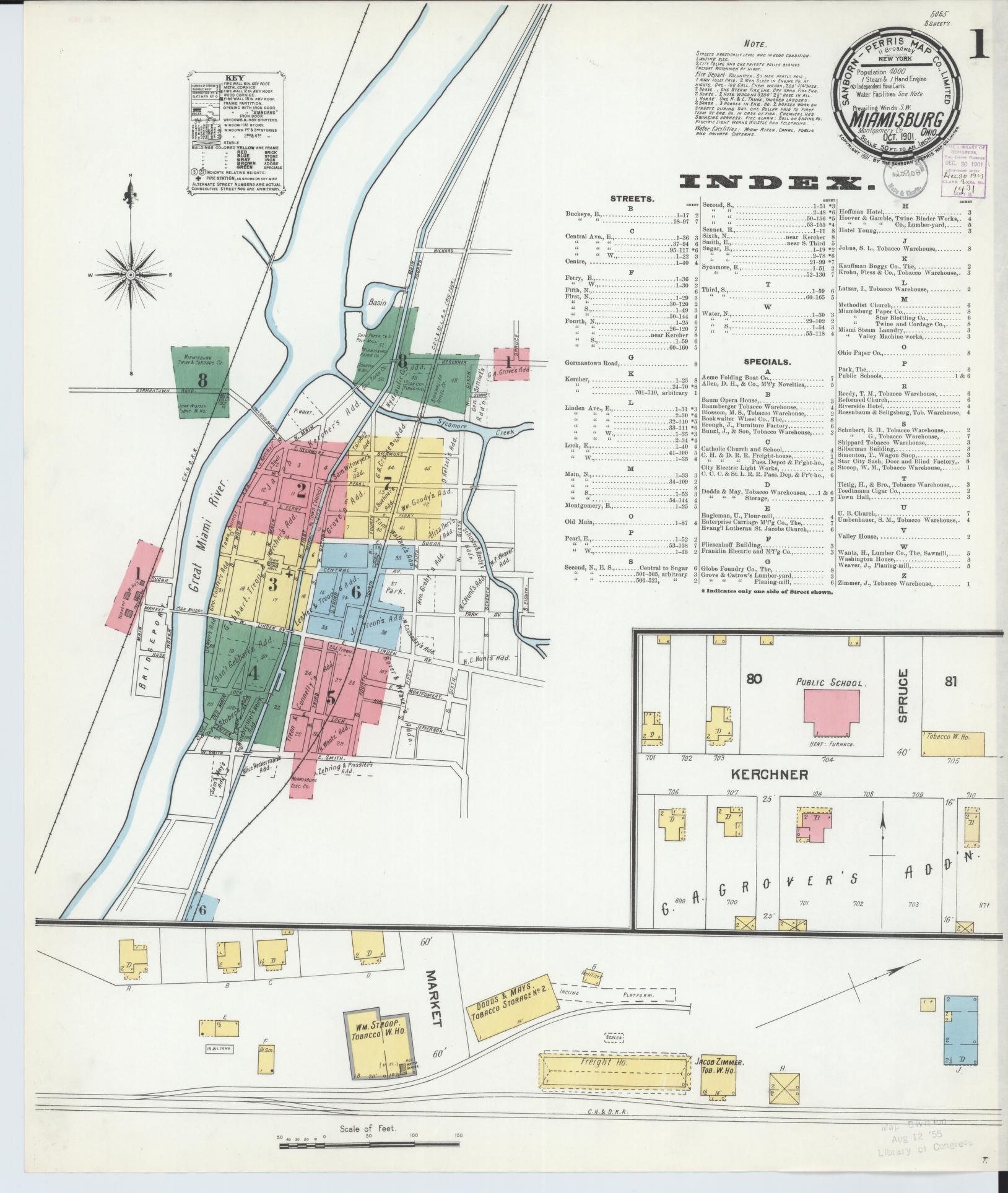 Sanborn Fire Insurance Map from Miamisburg, Montgomery County, Ohio (1901), Sheet #0001 - Historic Sanborn Fire Insurance Map Print, vintage old map wall art, antique decor, genealogy gift, Ohio Ohio map