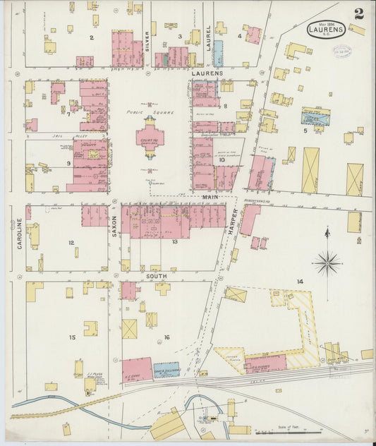 Sanborn Fire Insurance Map from Laurens, Laurens County, South Carolina (1894), Sheet #0002 - Historic Sanborn Fire Insurance Map Print, vintage old map wall art, antique decor, genealogy gift, South Carolina South Carolina map