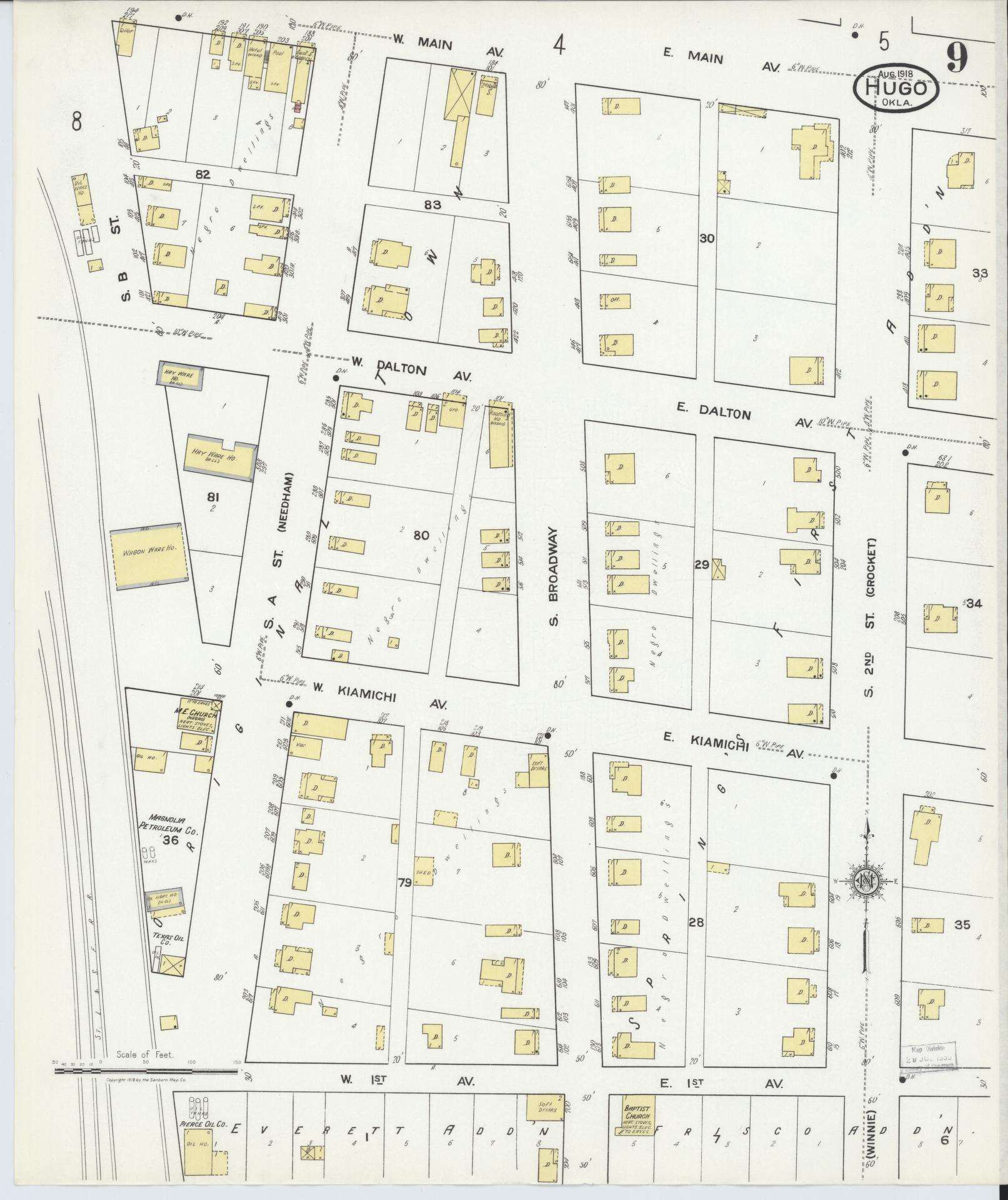 Sanborn Fire Insurance Map from Hugo, Choctaw County, Oklahoma (1918), Sheet #0009 - Historic Sanborn Fire Insurance Map Print, vintage old map wall art, antique decor, genealogy gift, Oklahoma Oklahoma map