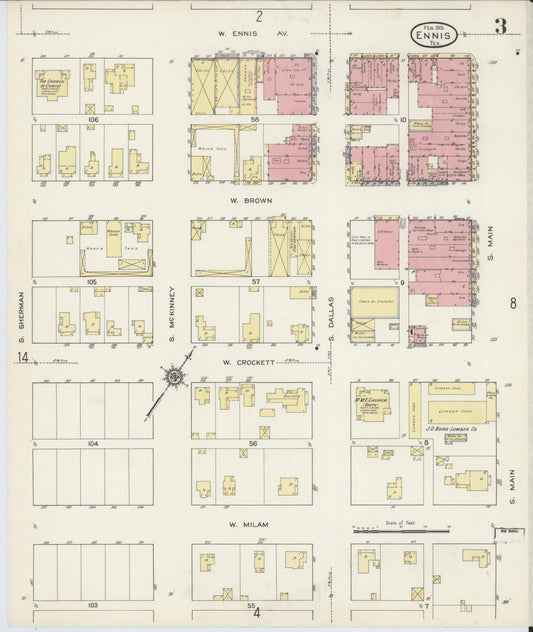 Sanborn Fire Insurance Map from Ennis, Ellis County, Texas (1915), Sheet #0003 - Historic Sanborn Fire Insurance Map Print, vintage old map wall art, antique decor, genealogy gift, Texas Texas map