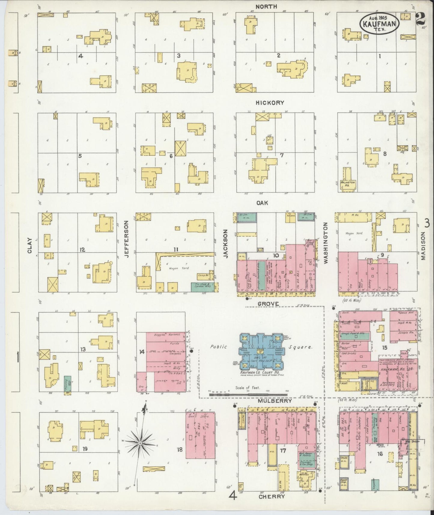 Sanborn Fire Insurance Map from Kaufman, Kaufman County, Texas (1905), Sheet #0002 - Historic Sanborn Fire Insurance Map Print, vintage old map wall art, antique decor, genealogy gift, Texas Texas map