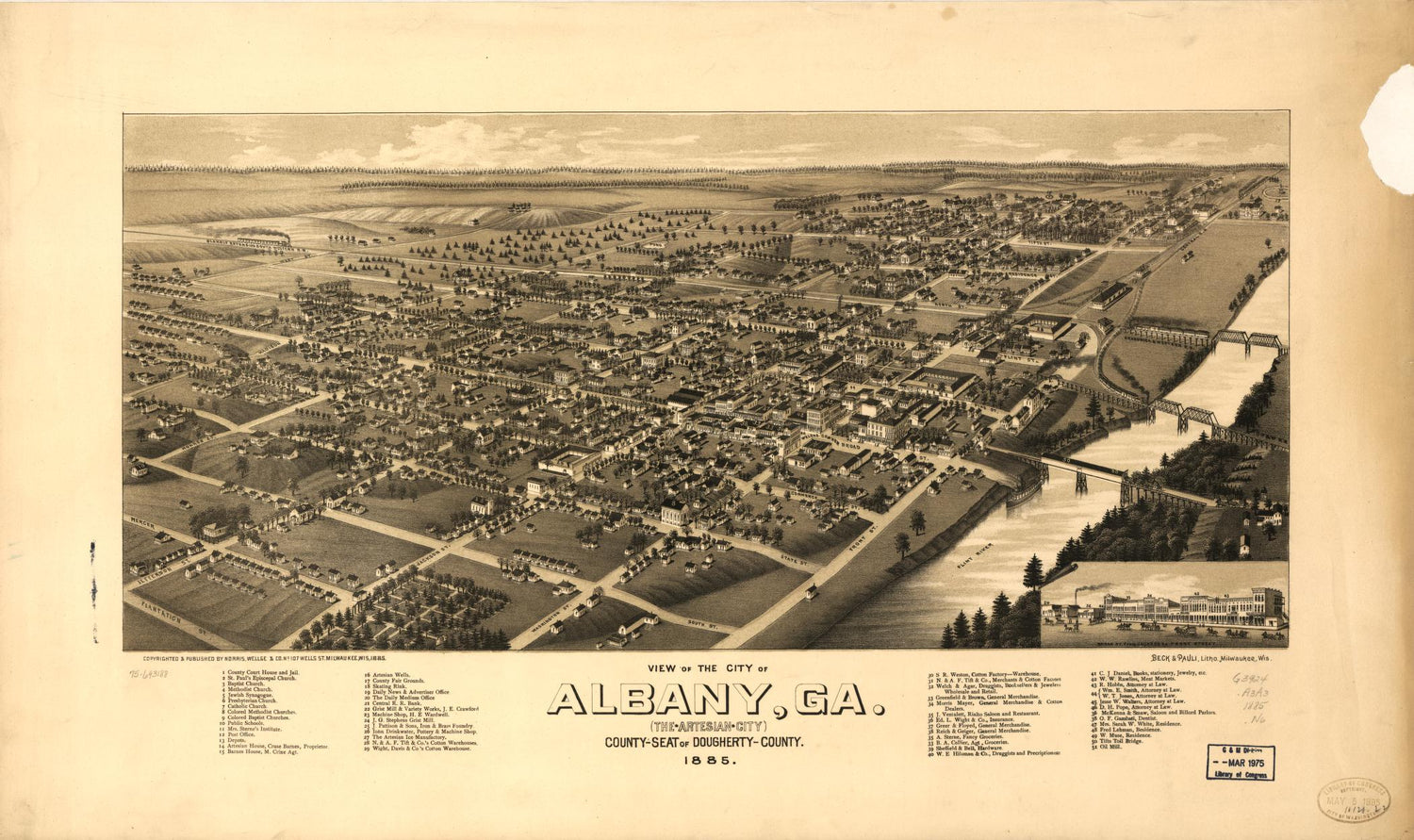 View of the city of Albany, Ga. (the Artesian City) county-seat of Dougherty-County. 1885. (1885) – Historic Bird’s-Eye View Panorama Print