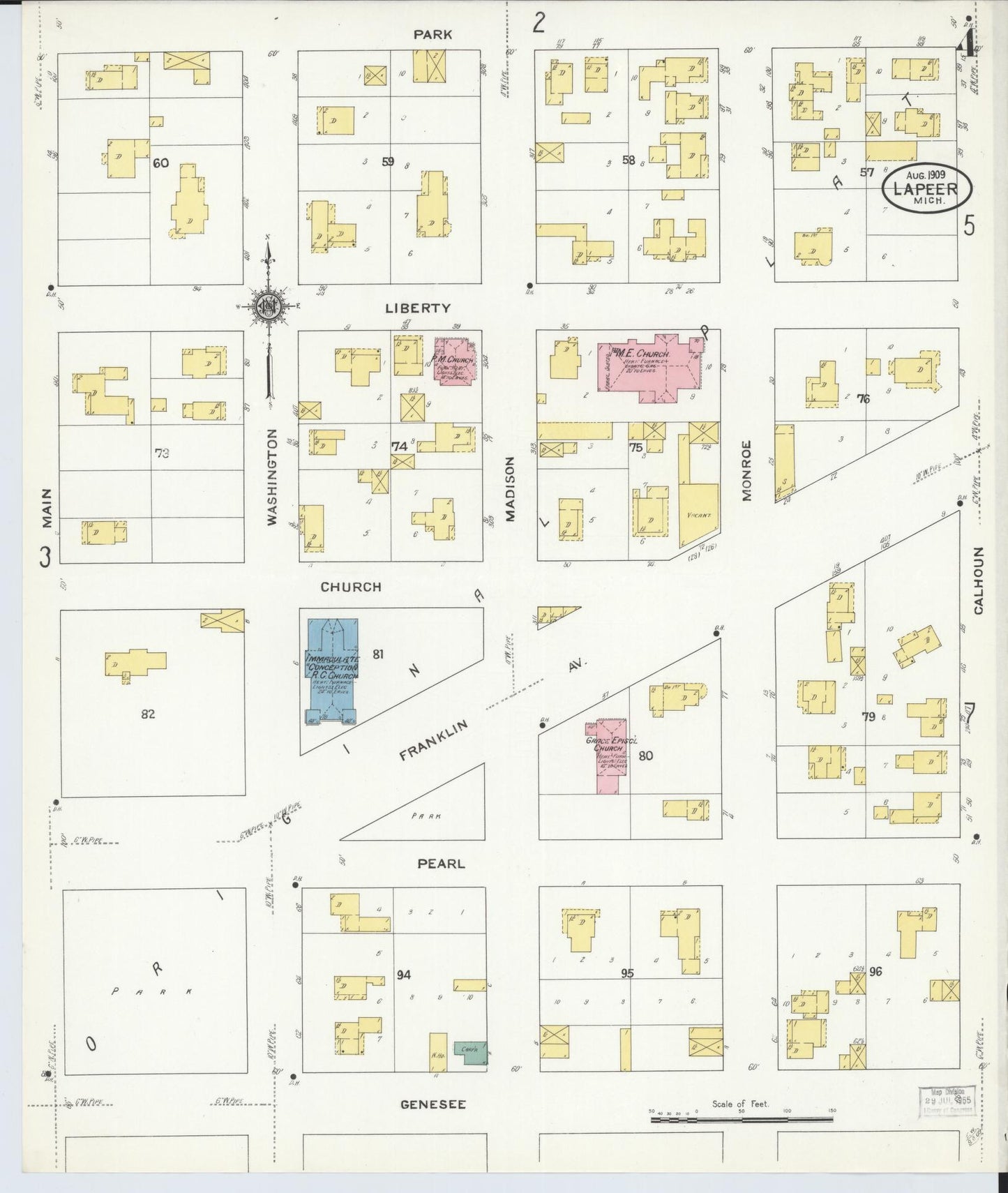 Sanborn Fire Insurance Map from Lapeer, Lapeer County, Michigan (1909), Sheet #0004 - Complete Map Set gallery image, historic Sanborn map, vintage wall art, Michigan Michigan