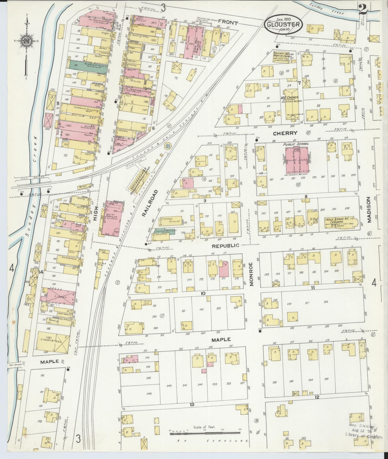 Sanborn Fire Insurance Map from Glouster, Athens County, Ohio (1910), Sheet #0002 - Historic Sanborn Fire Insurance Map Print, vintage old map wall art, antique decor, genealogy gift, Ohio Ohio map