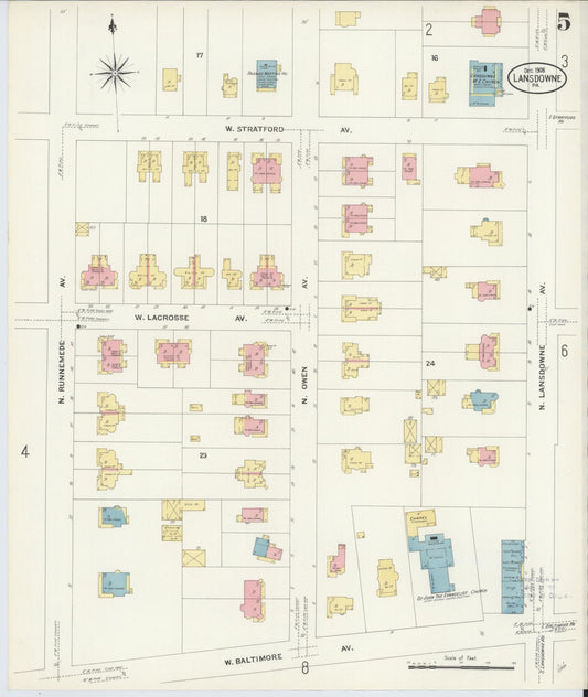 Sanborn Fire Insurance Map from Lansdowne, Delaware County, Pennsylvania (1908), Sheet #0005 - Historic Sanborn Fire Insurance Map Print, vintage old map wall art, antique decor, genealogy gift, Lansdowne Delaware map