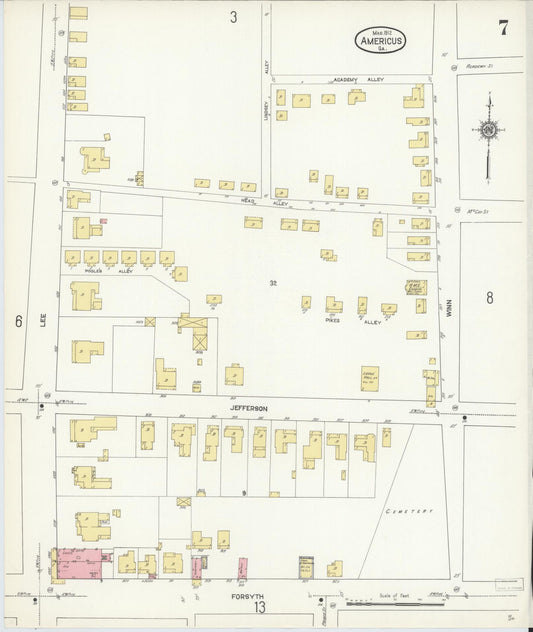 Sanborn Fire Insurance Map from Americus, Sumter County, Georgia (1912), Sheet #0007 - Historic Sanborn Fire Insurance Map Print, vintage old map wall art, antique decor, genealogy gift, Georgia Georgia map