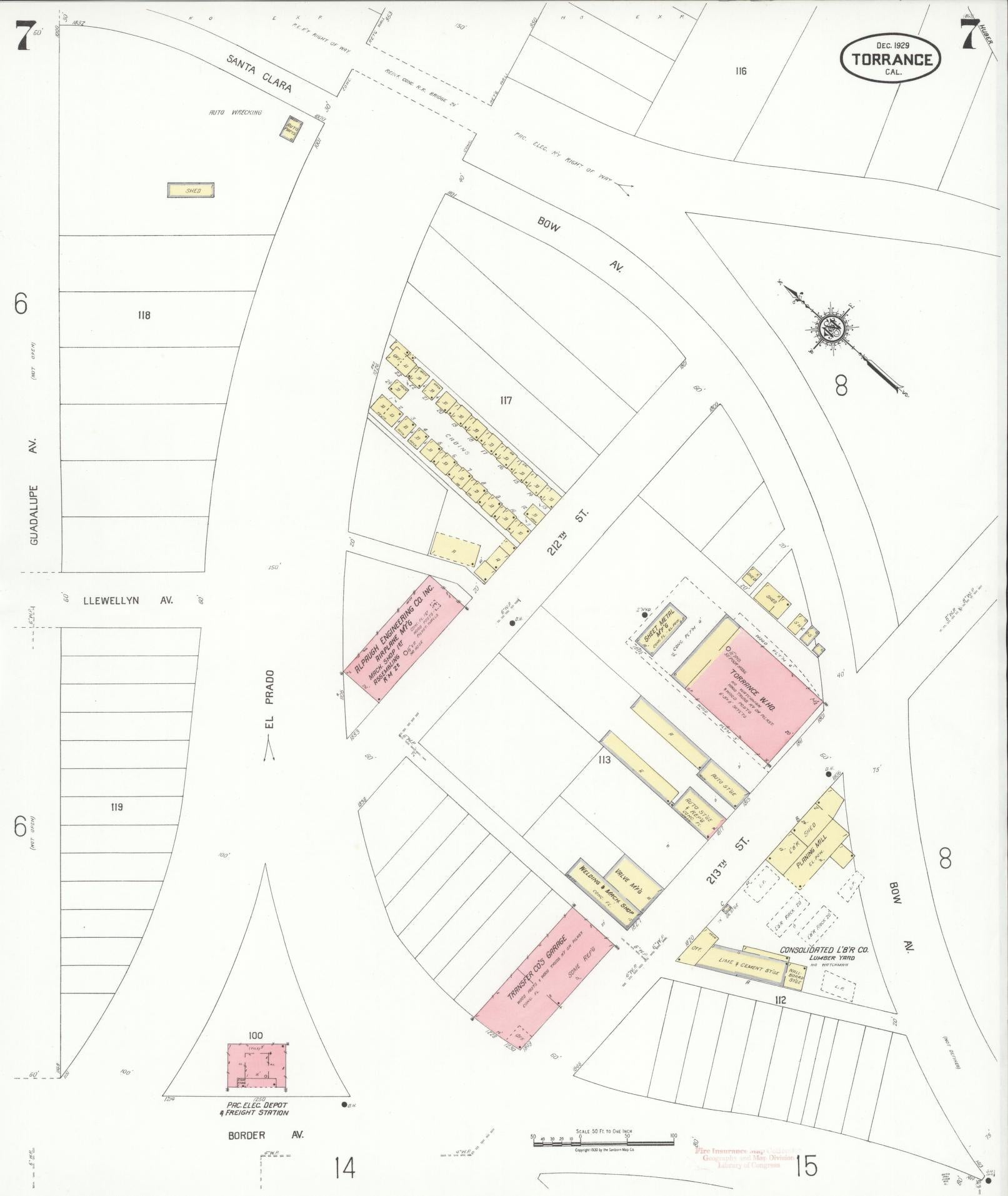 Sanborn Fire Insurance Map from Torrance, Los Angeles County, California (1929), Sheet #0007 - Complete Map Set gallery image, historic Sanborn map, vintage wall art, California California