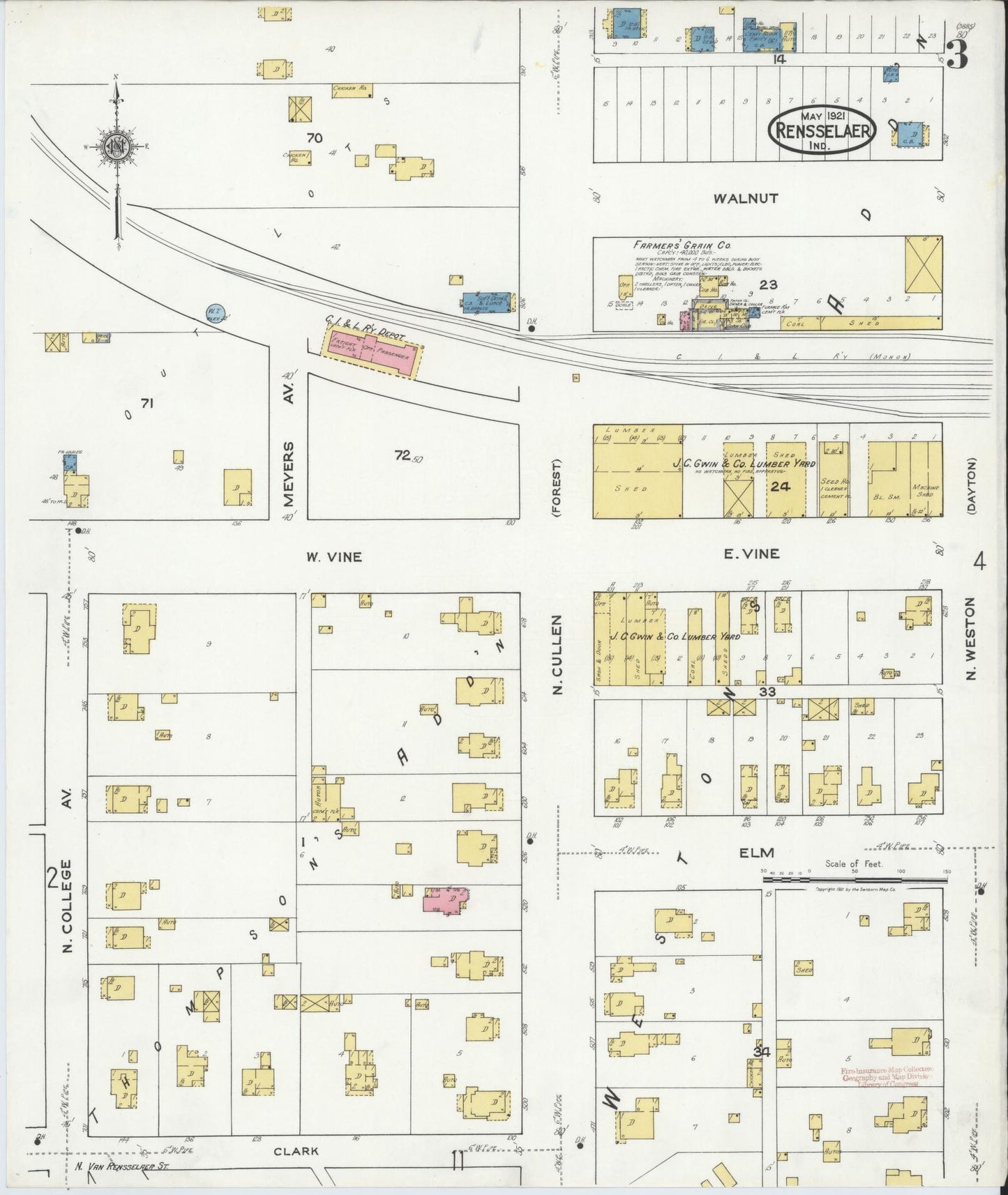 Sanborn Fire Insurance Map from Rensselaer, Jasper County, Indiana (1921), Sheet #0003 - Complete Map Set gallery image, historic Sanborn map, vintage wall art, Indiana Indiana
