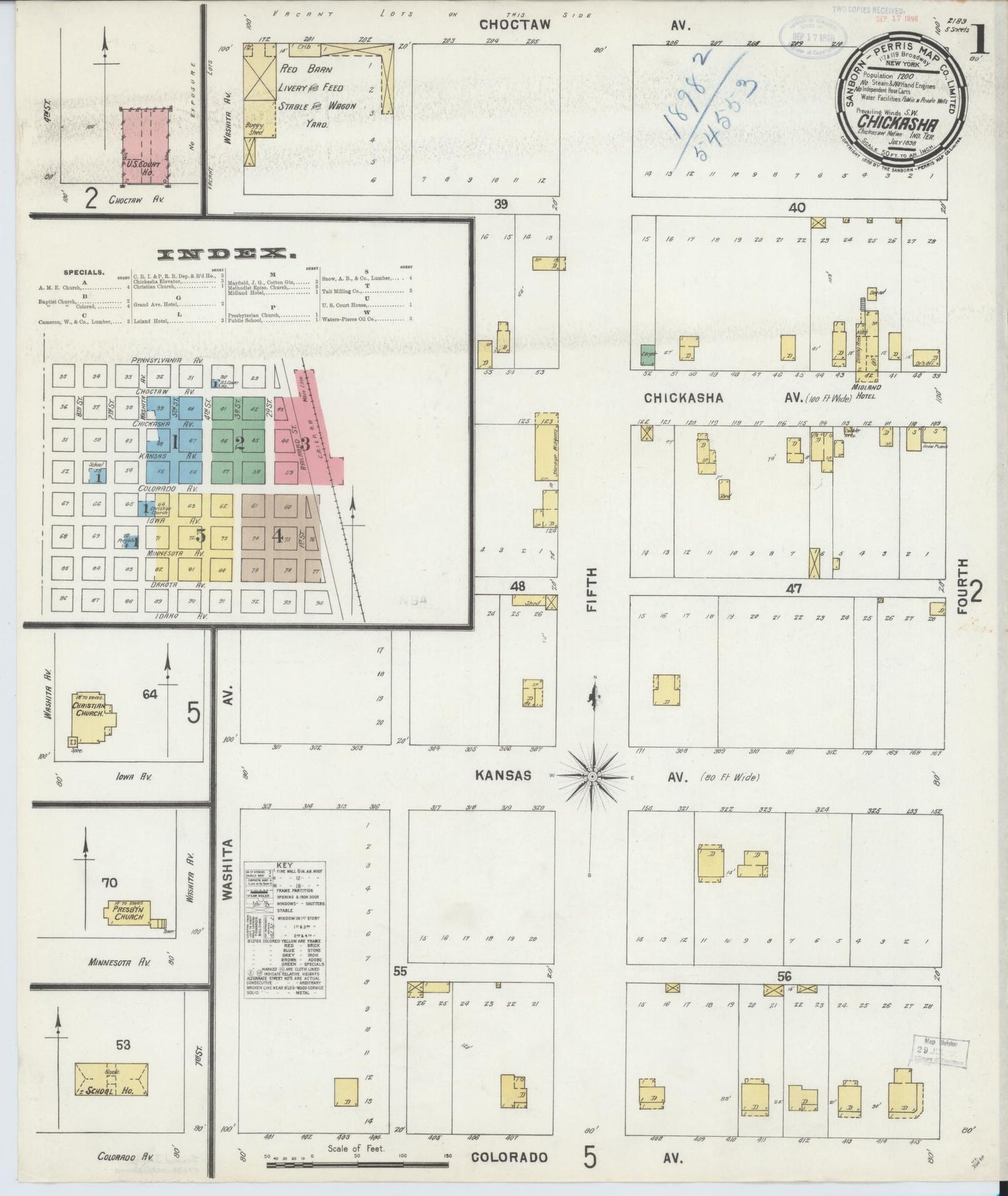 Sanborn Fire Insurance Map from Chickasha, Grady County, Oklahoma (1898), Sheet #0001 - Historic Sanborn Fire Insurance Map Print, vintage old map wall art, antique decor, genealogy gift, Oklahoma Oklahoma map