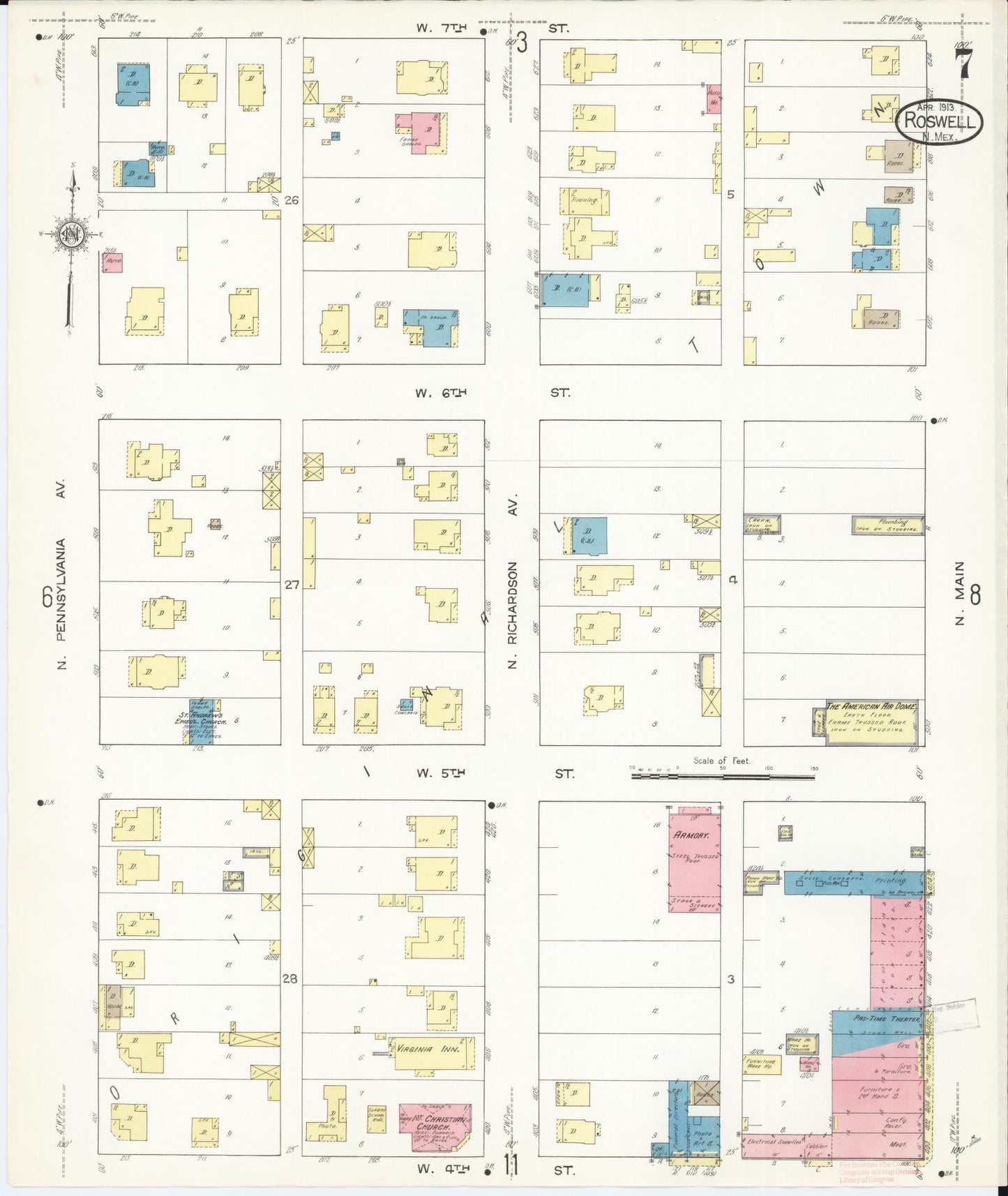 Sanborn Fire Insurance Map from Roswell, Chaves County, New Mexico (1913), Sheet #0007 - Complete Map Set gallery image, historic Sanborn map, vintage wall art, New Mexico New Mexico