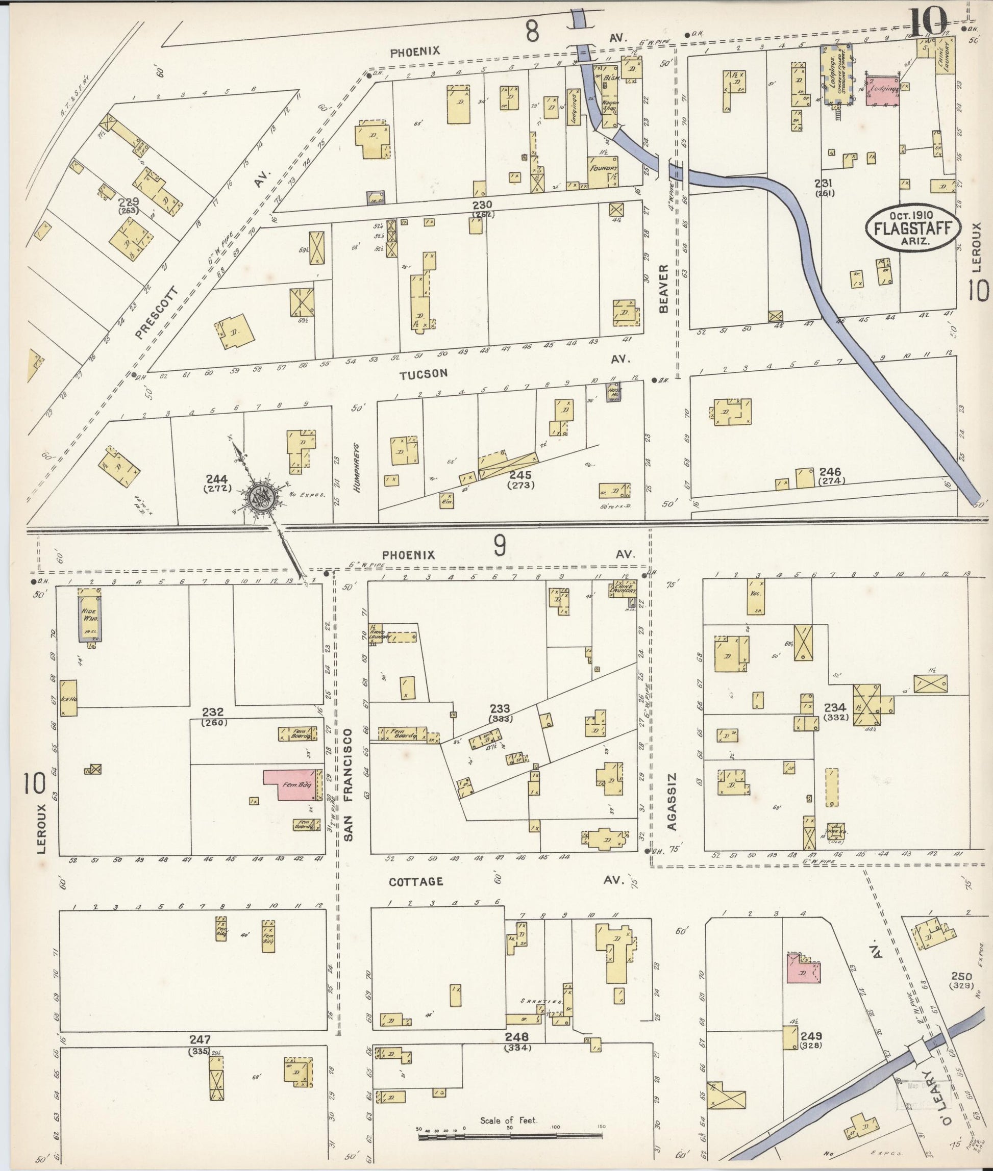 Sanborn Fire Insurance Map from Flagstaff, Coconino County, Arizona (1910), Sheet #0010 - Historic Sanborn Fire Insurance Map Print, vintage old map wall art, antique decor, genealogy gift, Arizona Arizona map