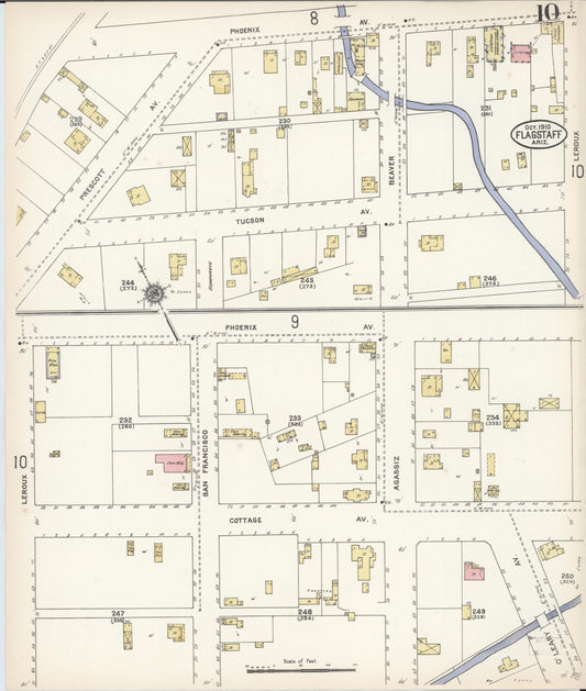 Sanborn Fire Insurance Map from Flagstaff, Coconino County, Arizona (1910), Sheet #0010 - Historic Sanborn Fire Insurance Map Print, vintage old map wall art, antique decor, genealogy gift, Arizona Arizona map