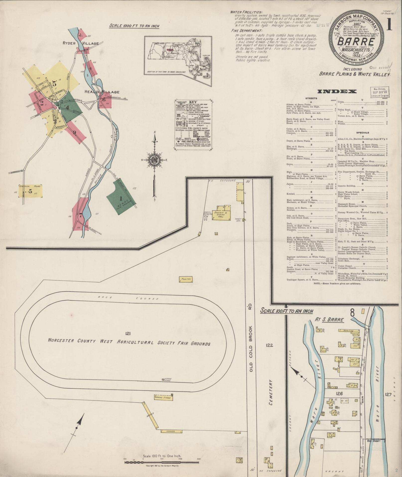 Sanborn Fire Insurance Map from Barre, Worcester County, Massachusetts. (1922) – Historic Sanborn Fire Insurance Map Print