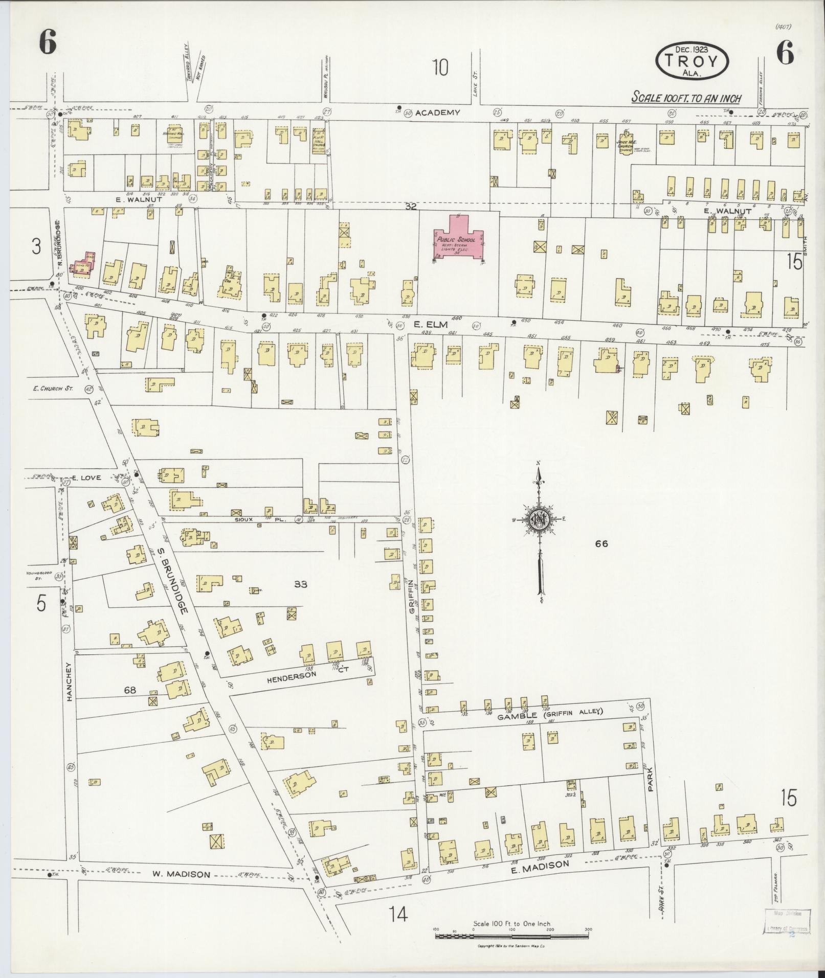 Sanborn Fire Insurance Map from Troy, Pike County, Alabama (1923), Sheet #0006 - Historic Sanborn Fire Insurance Map Print, vintage old map wall art, antique decor, genealogy gift, Alabama Alabama map