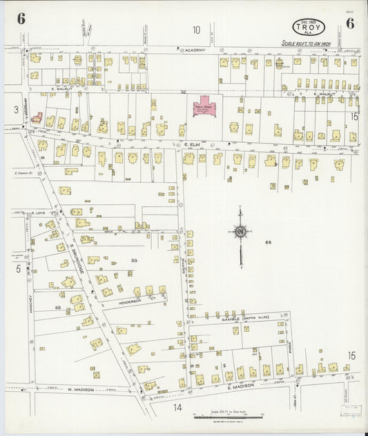 Sanborn Fire Insurance Map from Troy, Pike County, Alabama (1923), Sheet #0006 - Historic Sanborn Fire Insurance Map Print, vintage old map wall art, antique decor, genealogy gift, Alabama Alabama map