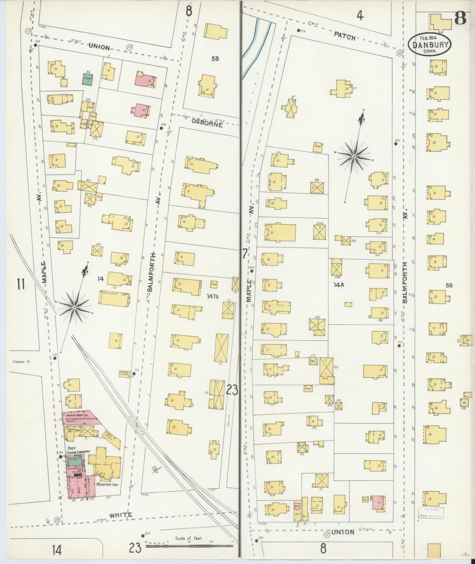 Sanborn Fire Insurance Map from Danbury, Fairfield County, Connecticut (1904), Sheet #0008 - Complete Map Set gallery image, historic Sanborn map, vintage wall art, Connecticut Connecticut