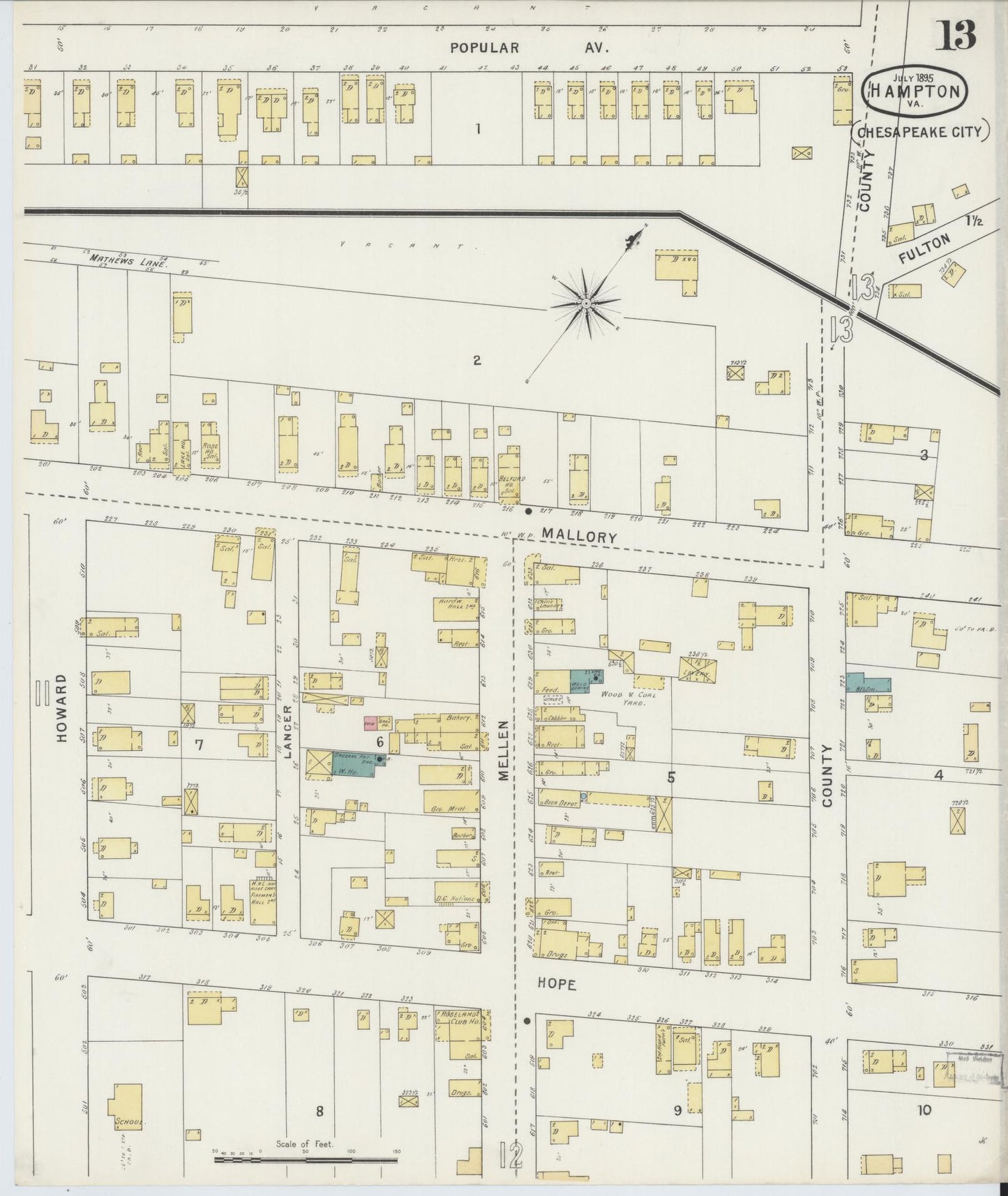 Sanborn Fire Insurance Map from Hampton, Independent Cities, Virginia (1895), Sheet #0013 - Complete Map Set gallery image, historic Sanborn map, vintage wall art, Virginia Virginia