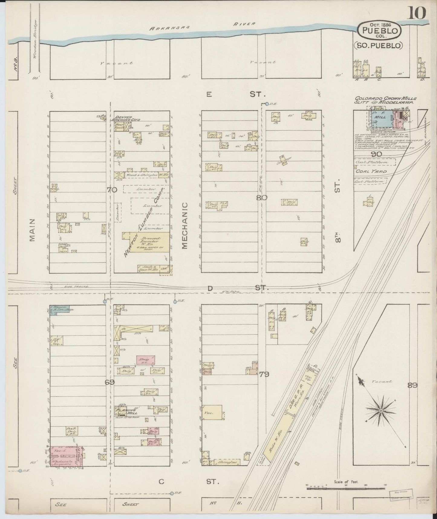 Sanborn Fire Insurance Map from Pueblo, Pueblo County, Colorado (1886), Sheet #0010 - Complete Map Set gallery image, historic Sanborn map, vintage wall art, Colorado Colorado